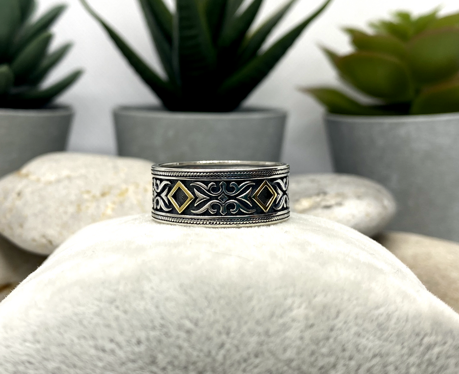 NA sterling silver band with 18k gold plated symbols NAR-17 image 0