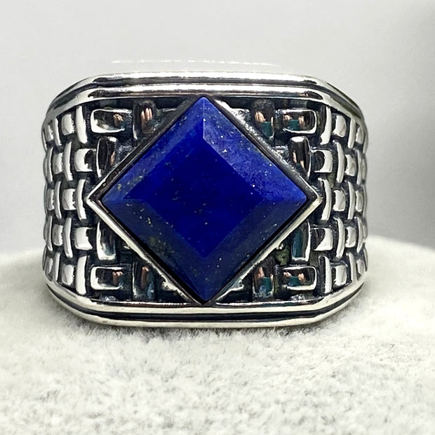 NA sterling silver Men's Basket Weave ring with genuine blue lapis NAR-13 image 0