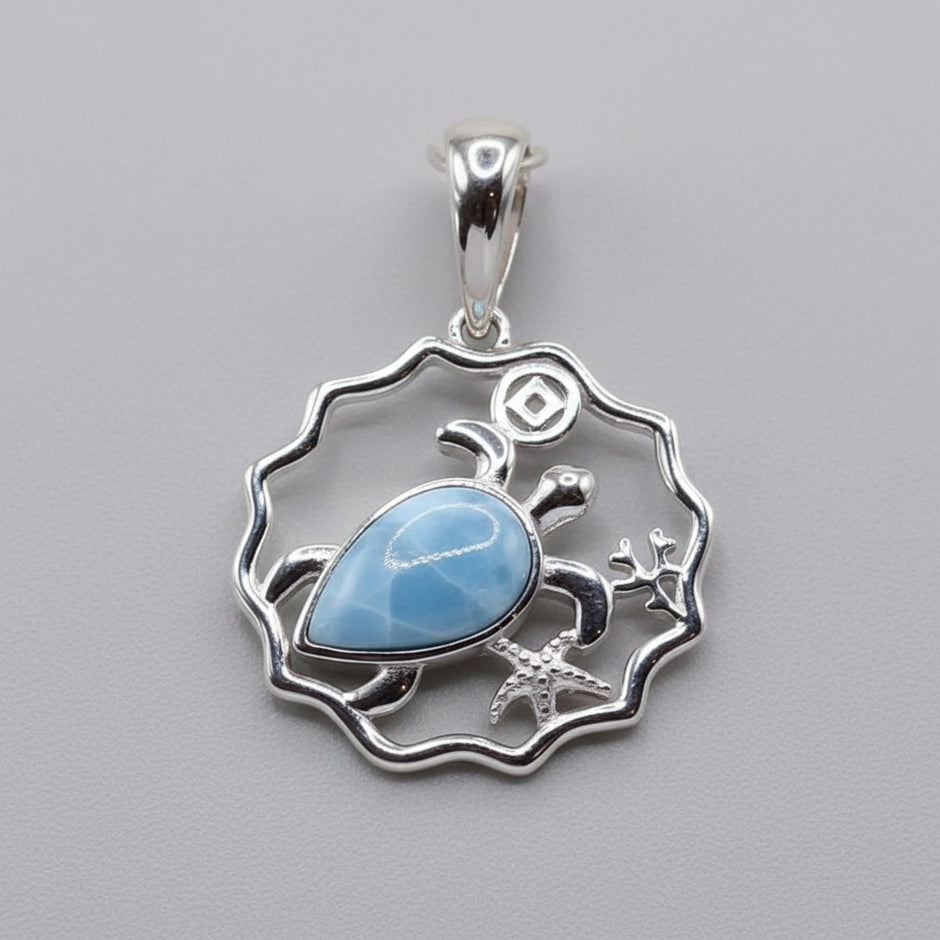 Large Turtle pendant with NA service symbol with genuine Larimar in .925 silver