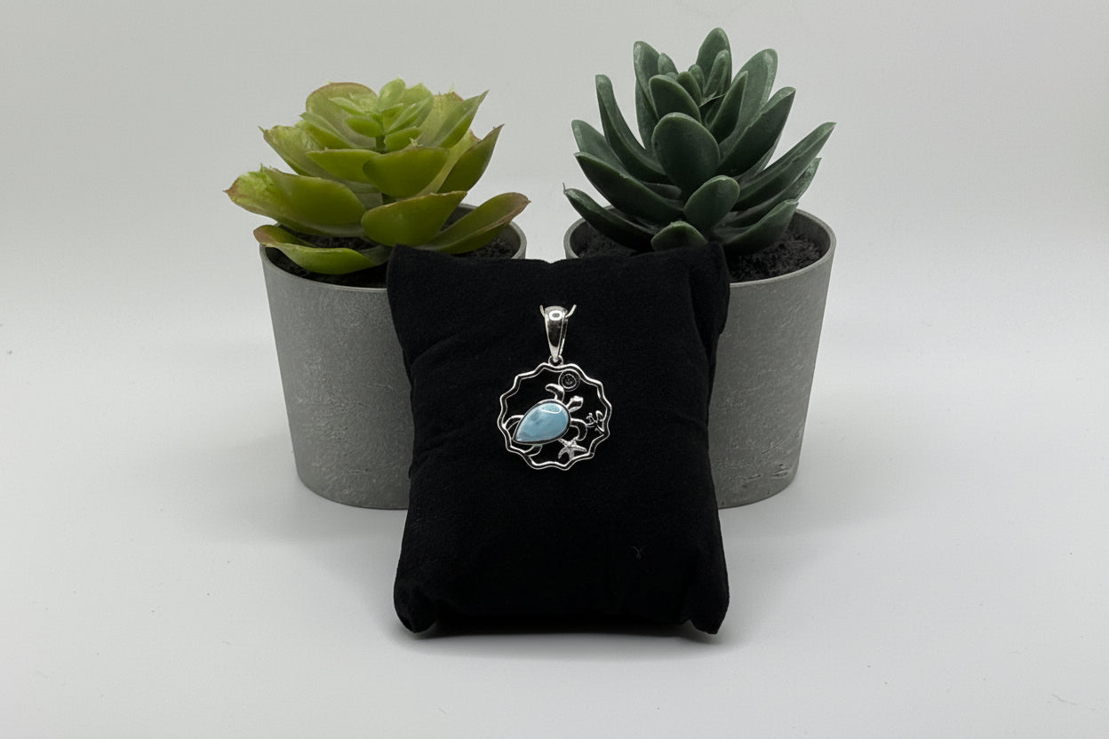 Large Turtle pendant with NA service symbol with genuine Larimar in .925 silver