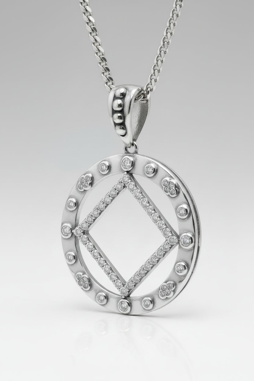 Large NA Symbol Pendant w/clear cz stones in .925 sterling silver 34MM
