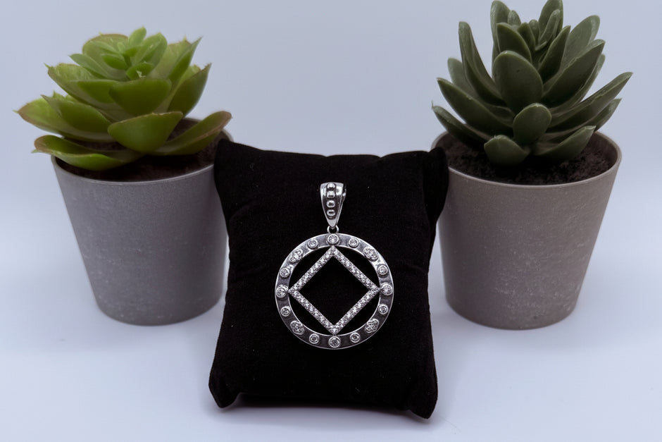 Large NA Symbol Pendant w/clear cz stones in .925 sterling silver 34MM