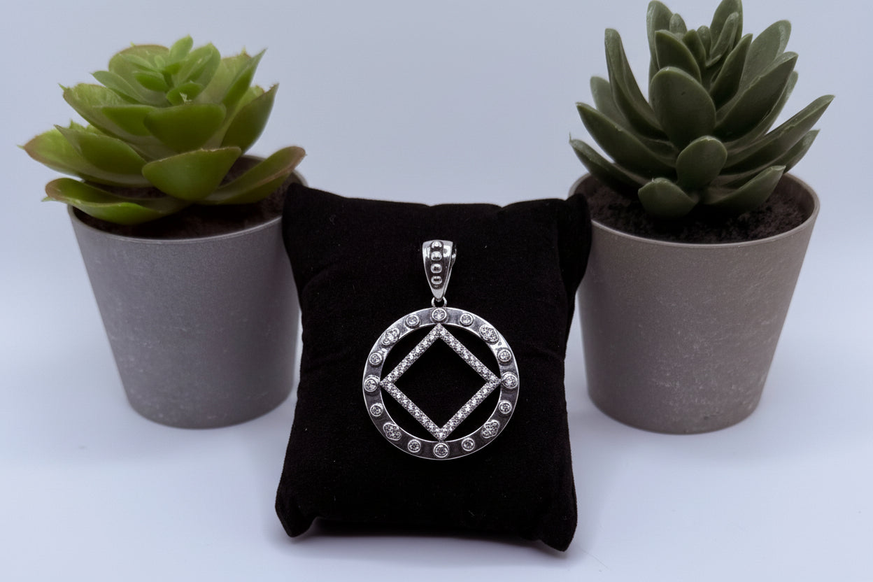 Large NA Symbol Pendant w/clear cz stones in .925 sterling silver 34MM