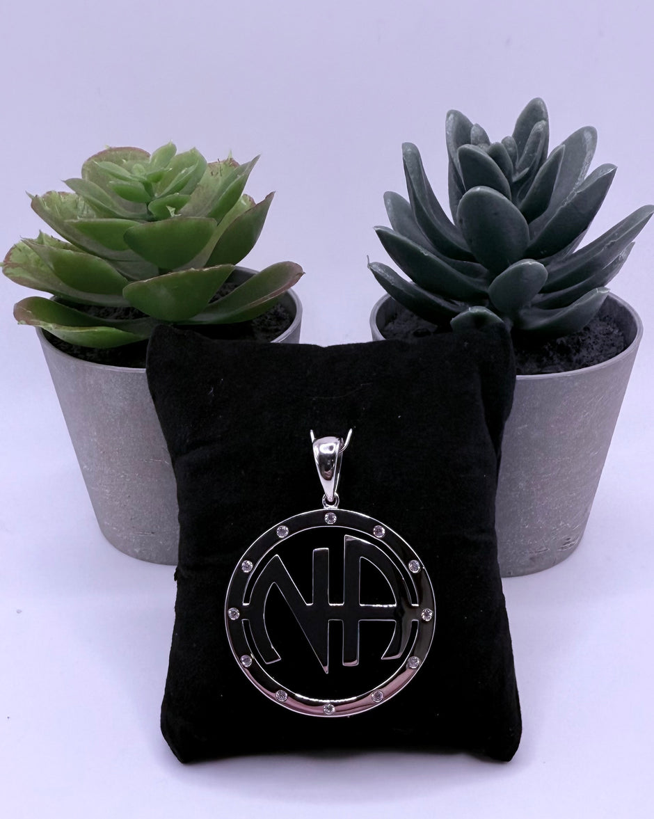 Large NA Logo Pendant with 12 cubic zirconia stones .925 sterling silver 38MM