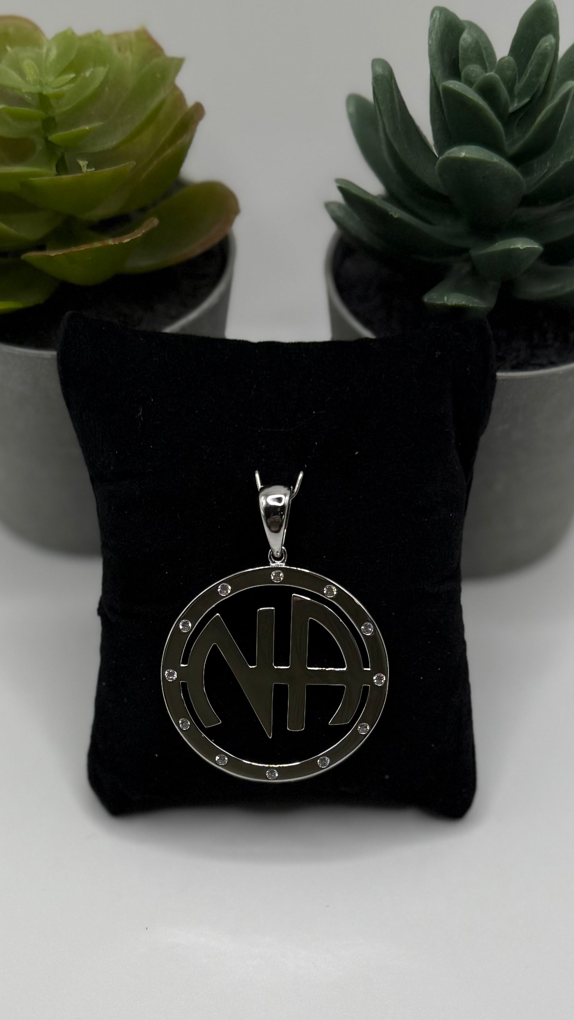 Large NA Logo Pendant with 12 cubic zirconia stones .925 sterling silver 38MM