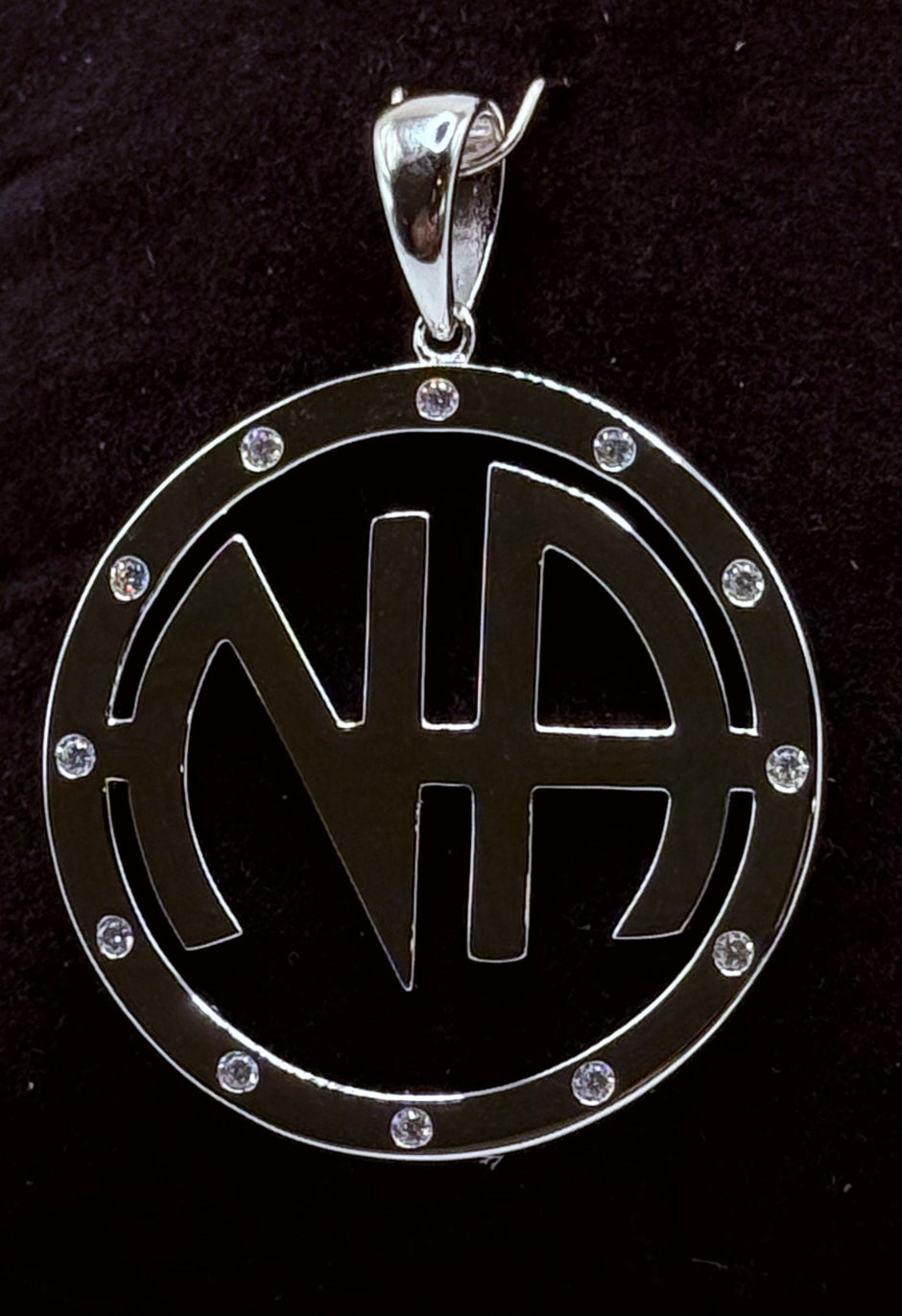 Large NA Logo Pendant with 12 cubic zirconia stones .925 sterling silver 38MM