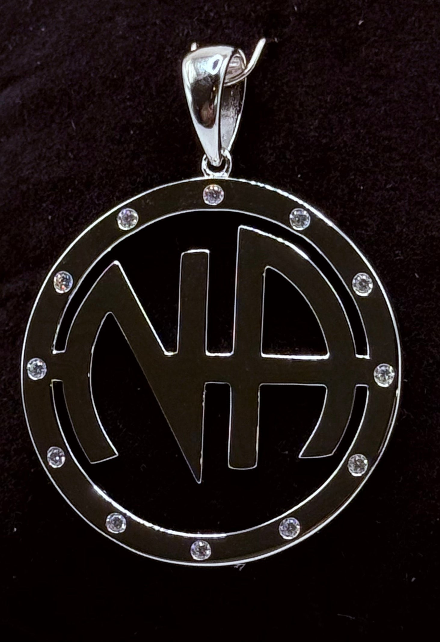 Large NA Logo Pendant with 12 cubic zirconia stones .925 sterling silver 38MM