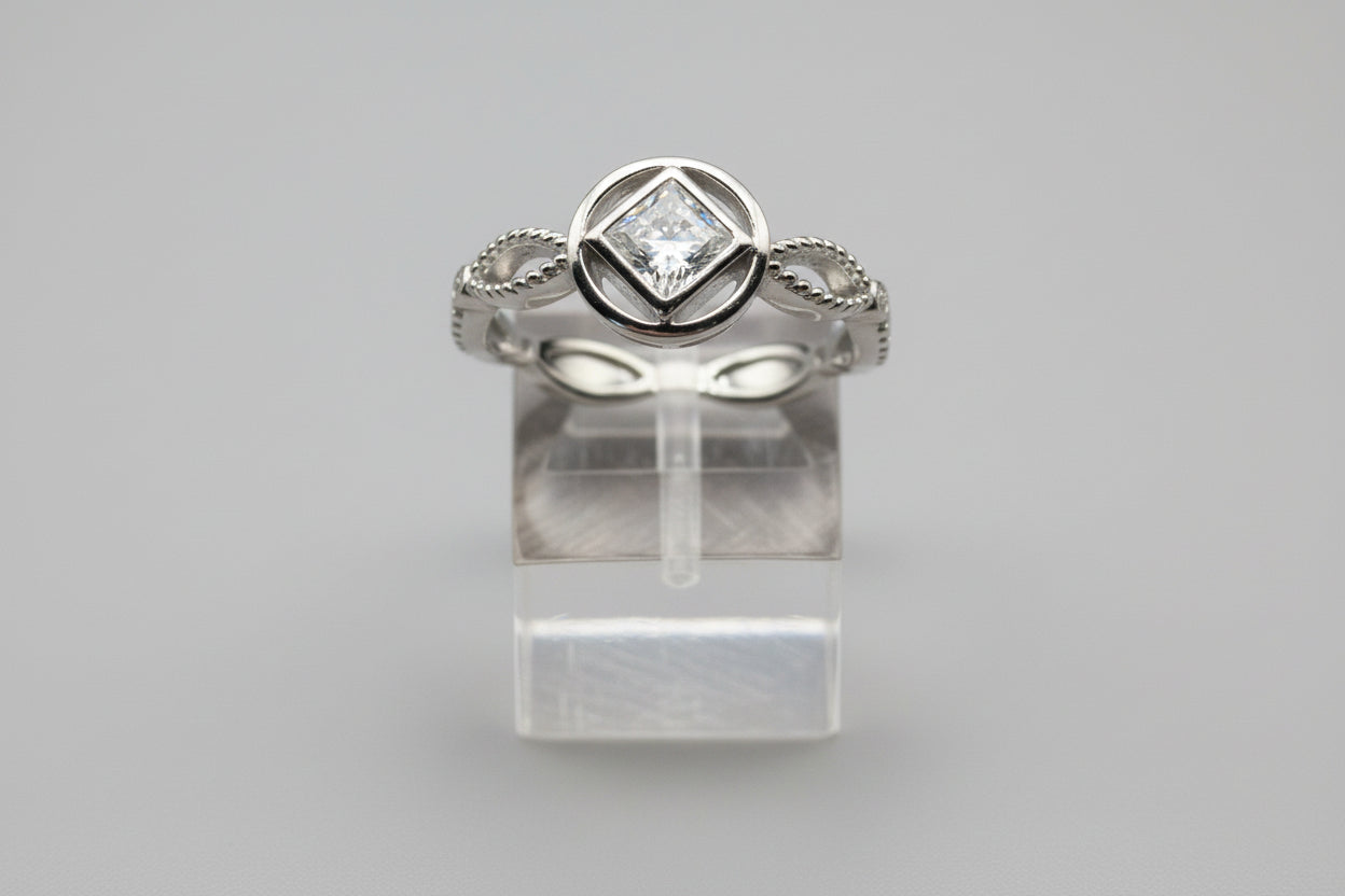 NA Ring Service Symbol with Cubic Zirconia Stone Center and cz accents around band .925