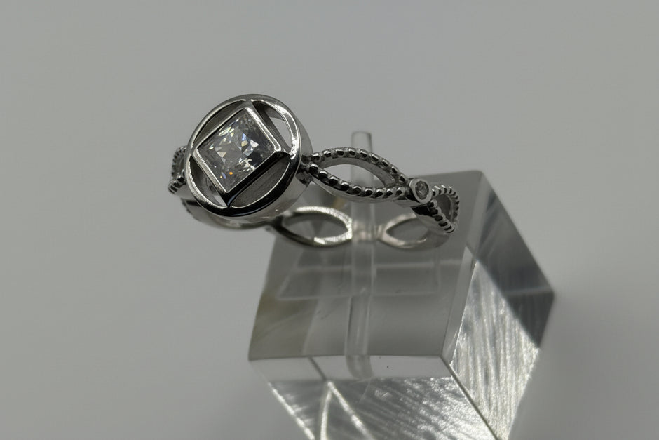 NA Ring Service Symbol with Cubic Zirconia Stone Center and cz accents around band .925