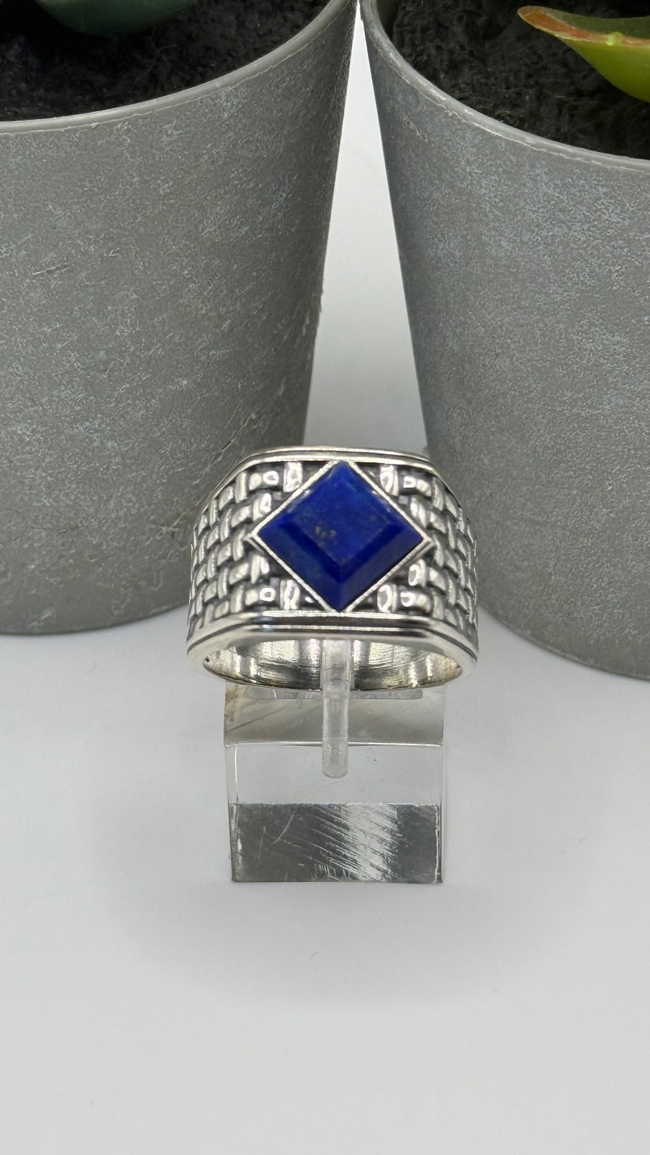 NA Sterling Silver .925 Men's Basket Weave Ring with Genuine Blue Lapis