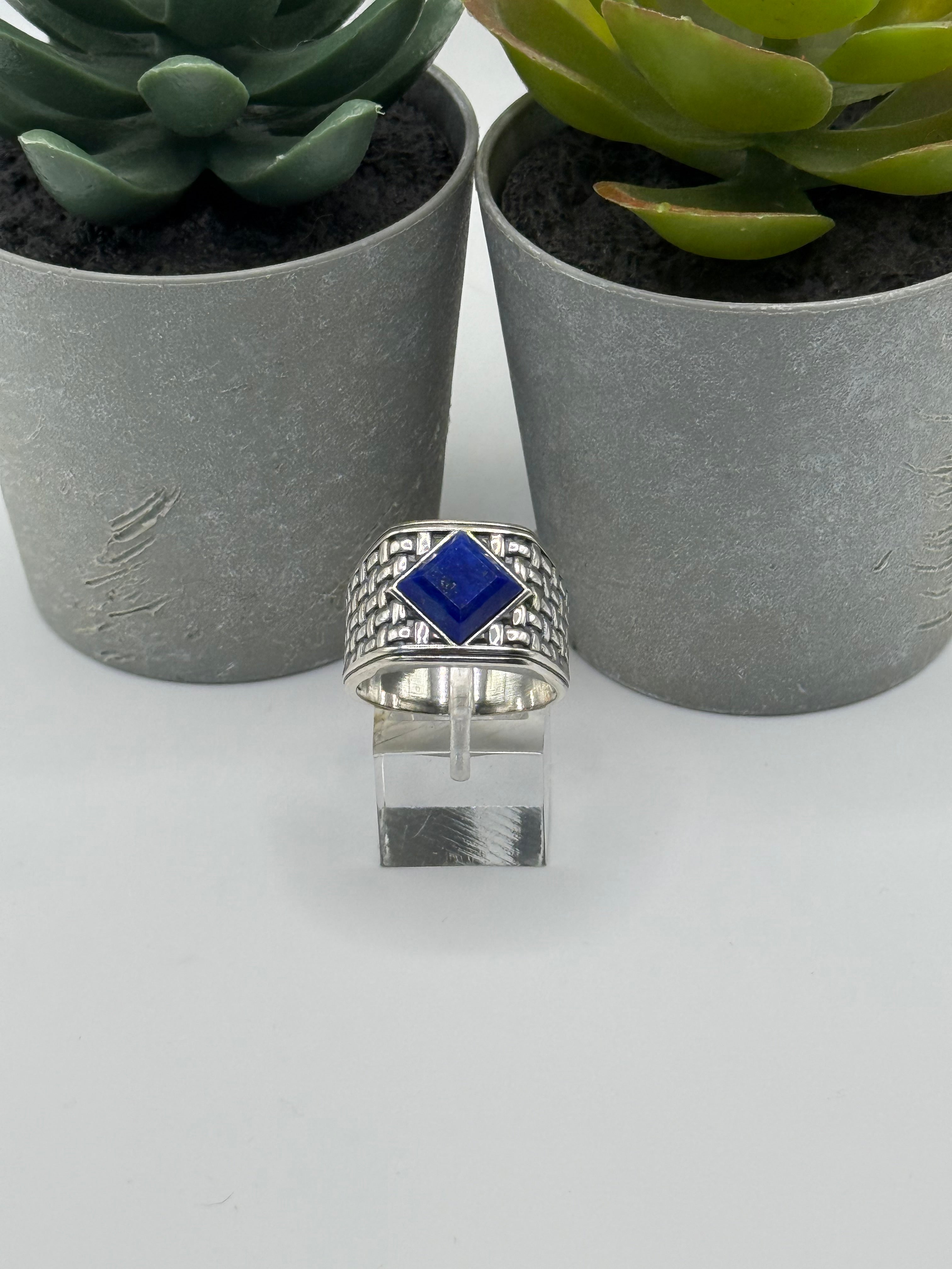 NA Sterling Silver .925 Men's Basket Weave Ring with Genuine Blue Lapis