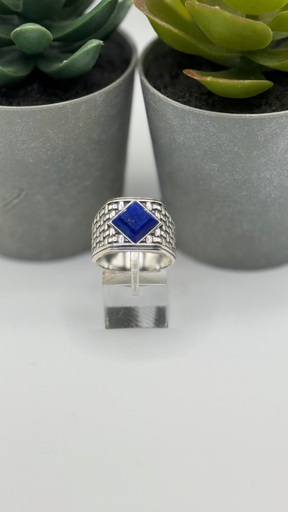 NA Sterling Silver .925 Men's Basket Weave Ring with Genuine Blue Lapis
