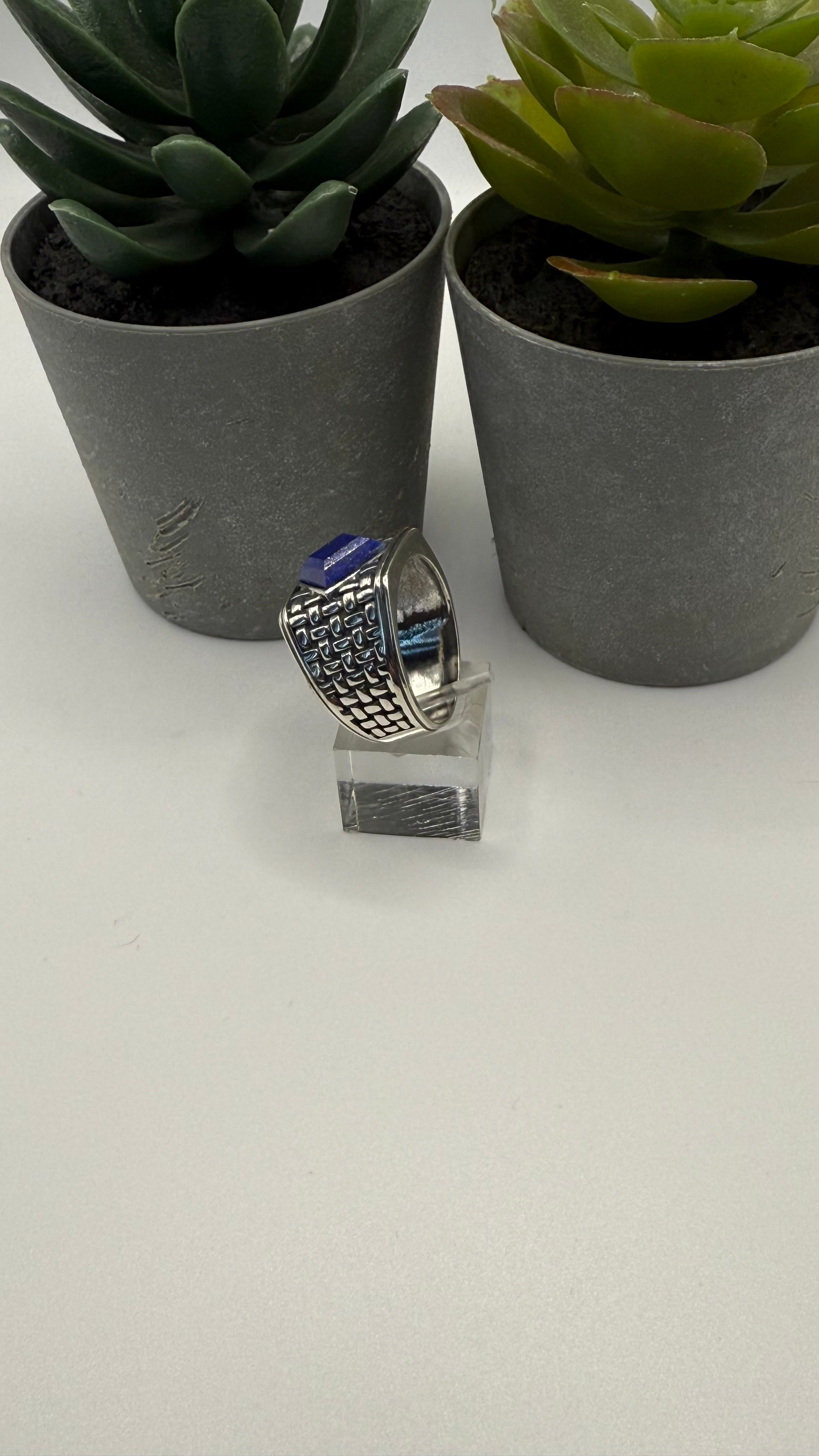 NA Sterling Silver .925 Men's Basket Weave Ring with Genuine Blue Lapis