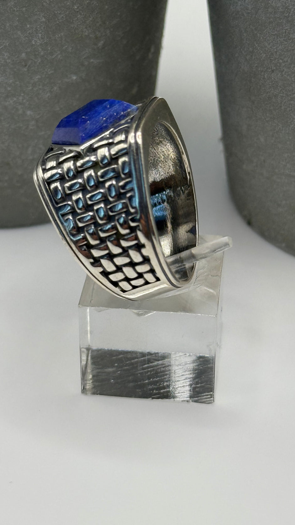 NA Sterling Silver .925 Men's Basket Weave Ring with Genuine Blue Lapis