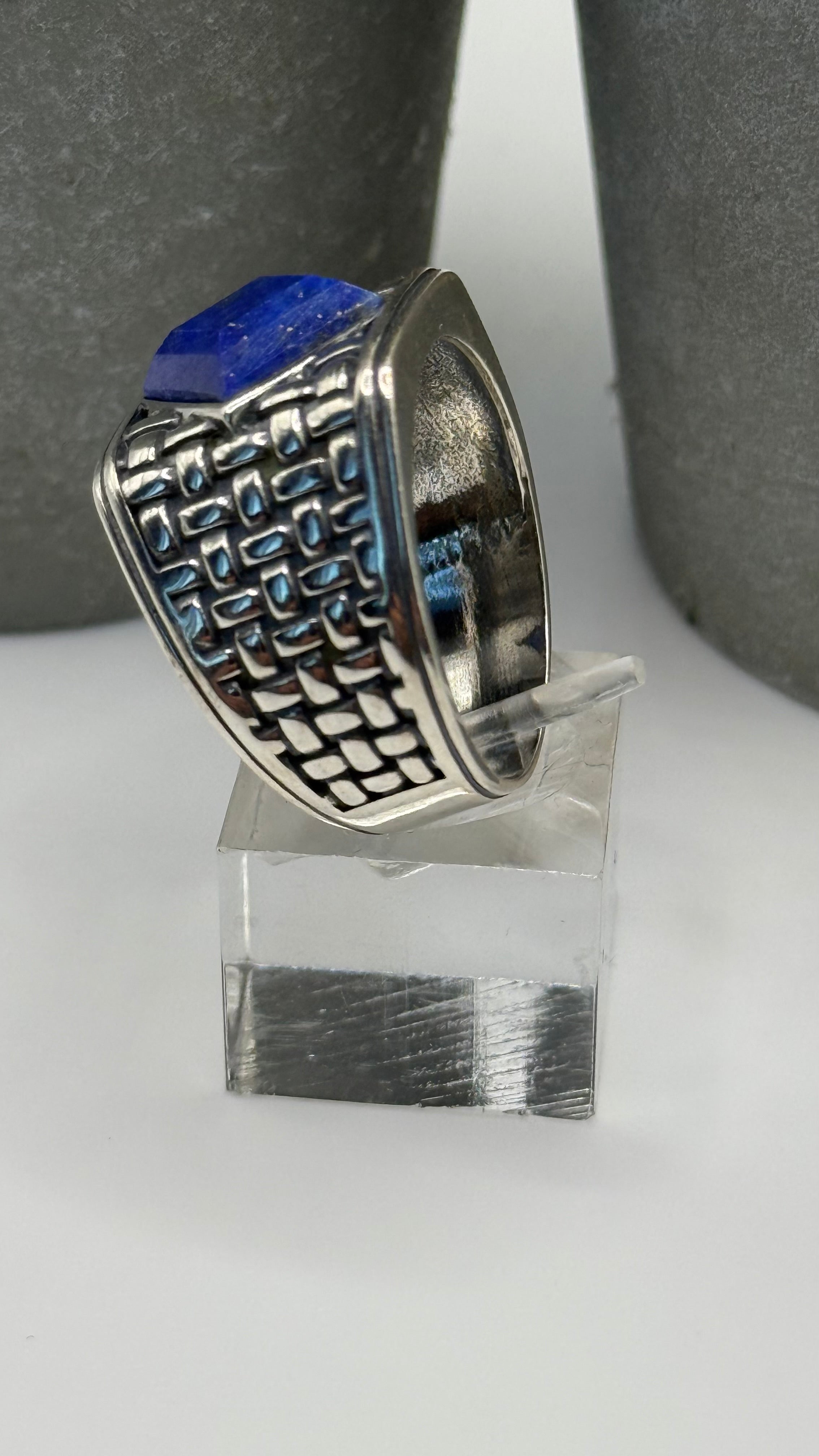 NA Sterling Silver .925 Men's Basket Weave Ring with Genuine Blue Lapis