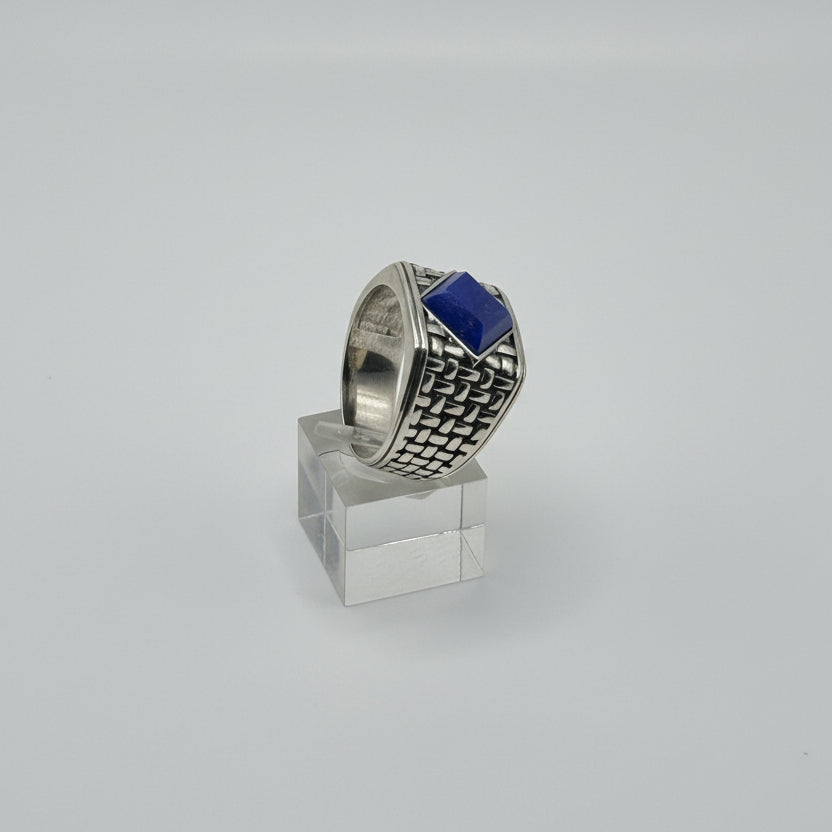 NA Sterling Silver .925 Men's Basket Weave Ring with Genuine Blue Lapis