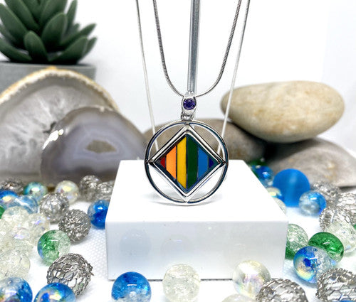 NA Service Symbol Rainbow Pendant .925 sterling with amethyst